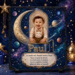 Placă ardezie personalizată 20x20 cm cu fotografie, nume și tematică spațială – Cadou aniversar pentru băiețel de 1 an