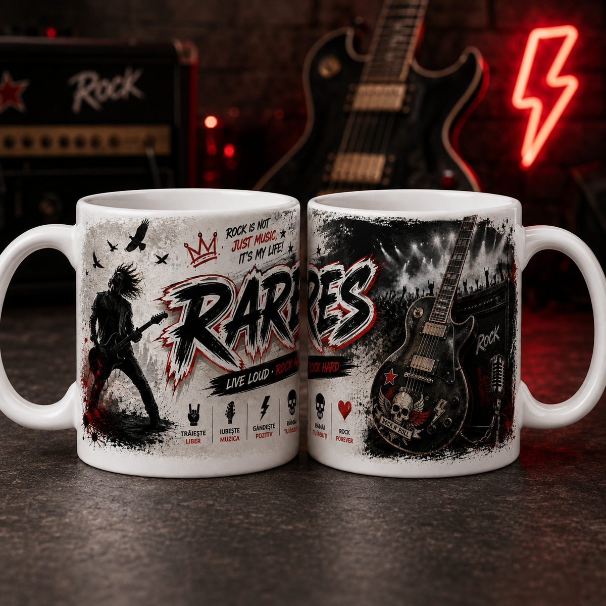 Cană personalizată rock cu numele Rareș, 330 ml, design premium cu chitarist, chitară electrică, microfon și concert