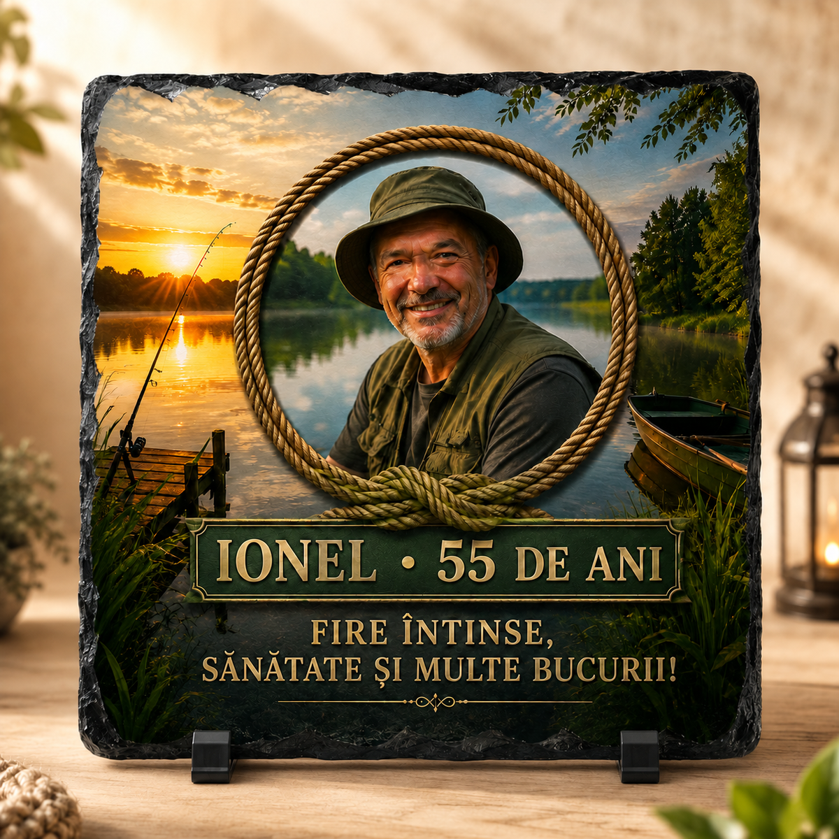 Placă de ardezie personalizată 20×20 cm – Pescar | Cadou aniversar cu fotografie, nume și vârstă