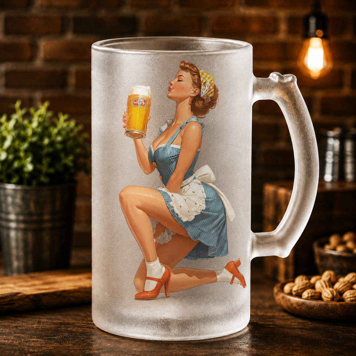 Halbă de bere din sticlă mată cu design retro pin-up – 500 ml