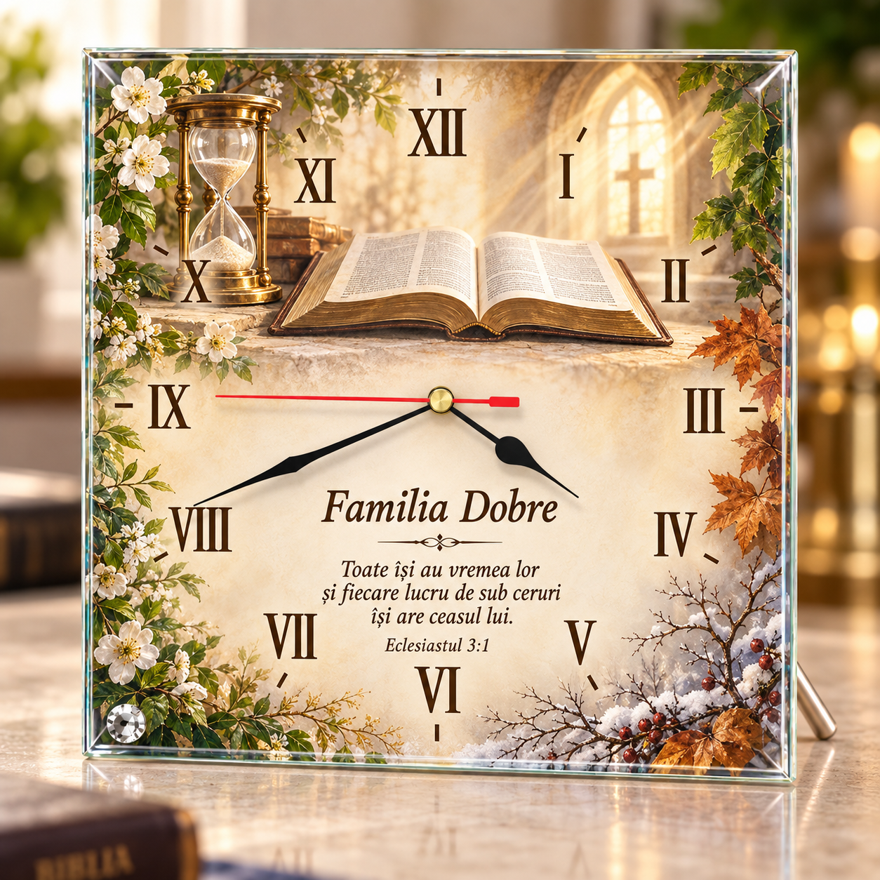 Ceas de birou personalizat din sticlă 20x20 cm – Familia Dobre, Biblie și verset Eclesiastul 3:1