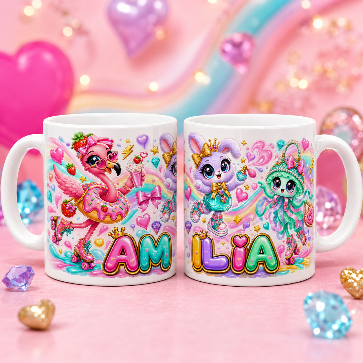 Cană personalizată pentru fetițe cu nume – Personaje dulci pe role, 330 ml