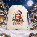 Sac sport personalizat pentru copii – Bufniță de Crăciun cu nume | Canvas 43 × 34 cm