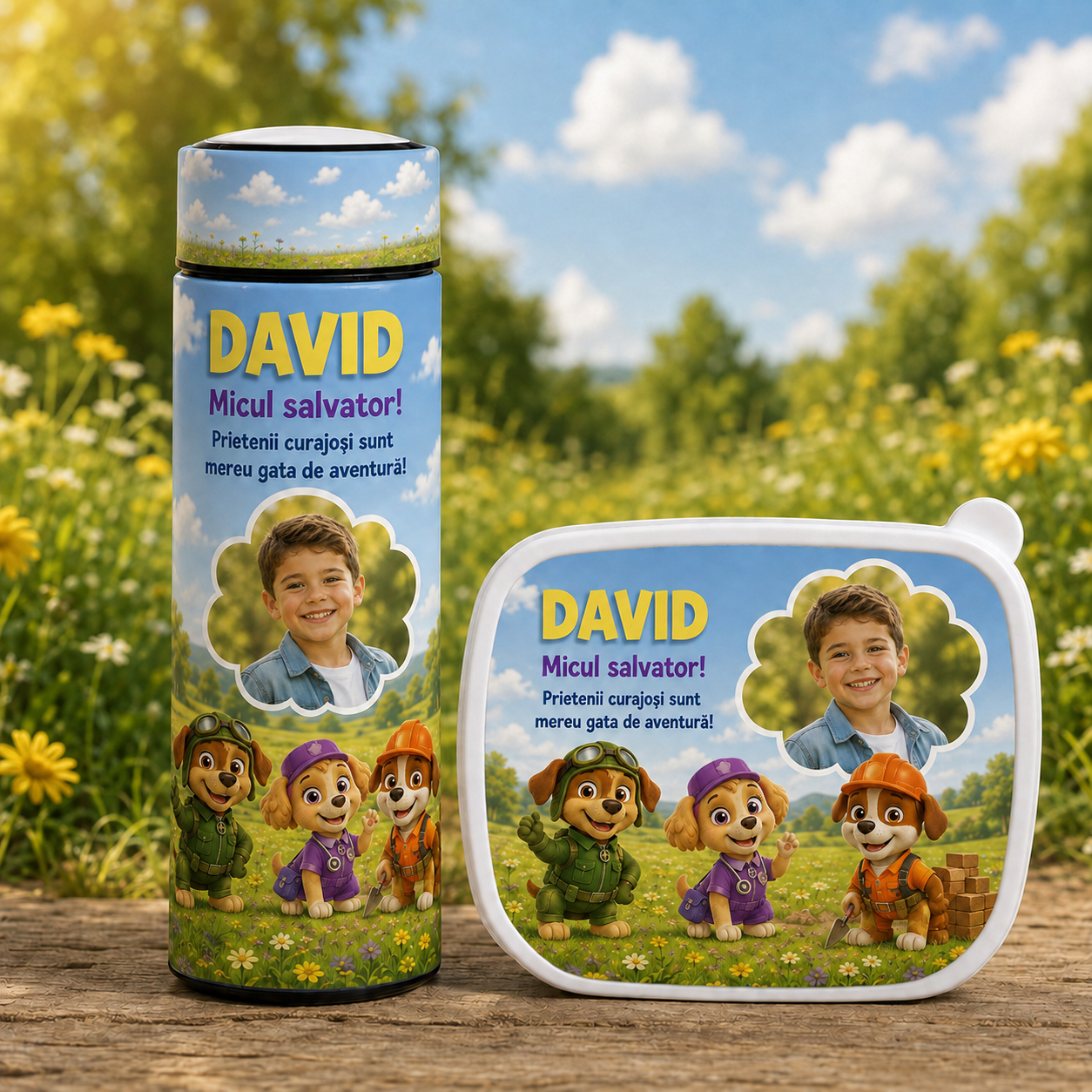 Set personalizat copii – Lunchbox + Termos 500 ml „Micul salvator”