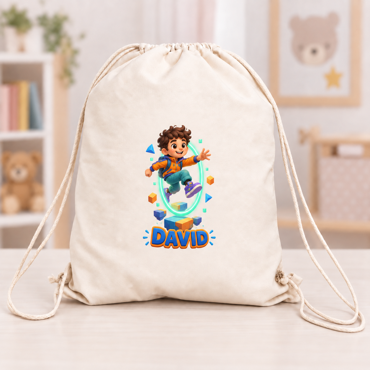 Săculeț personalizat pentru băieți cu nume – Gamer în univers digital, canvas 43x34 cm