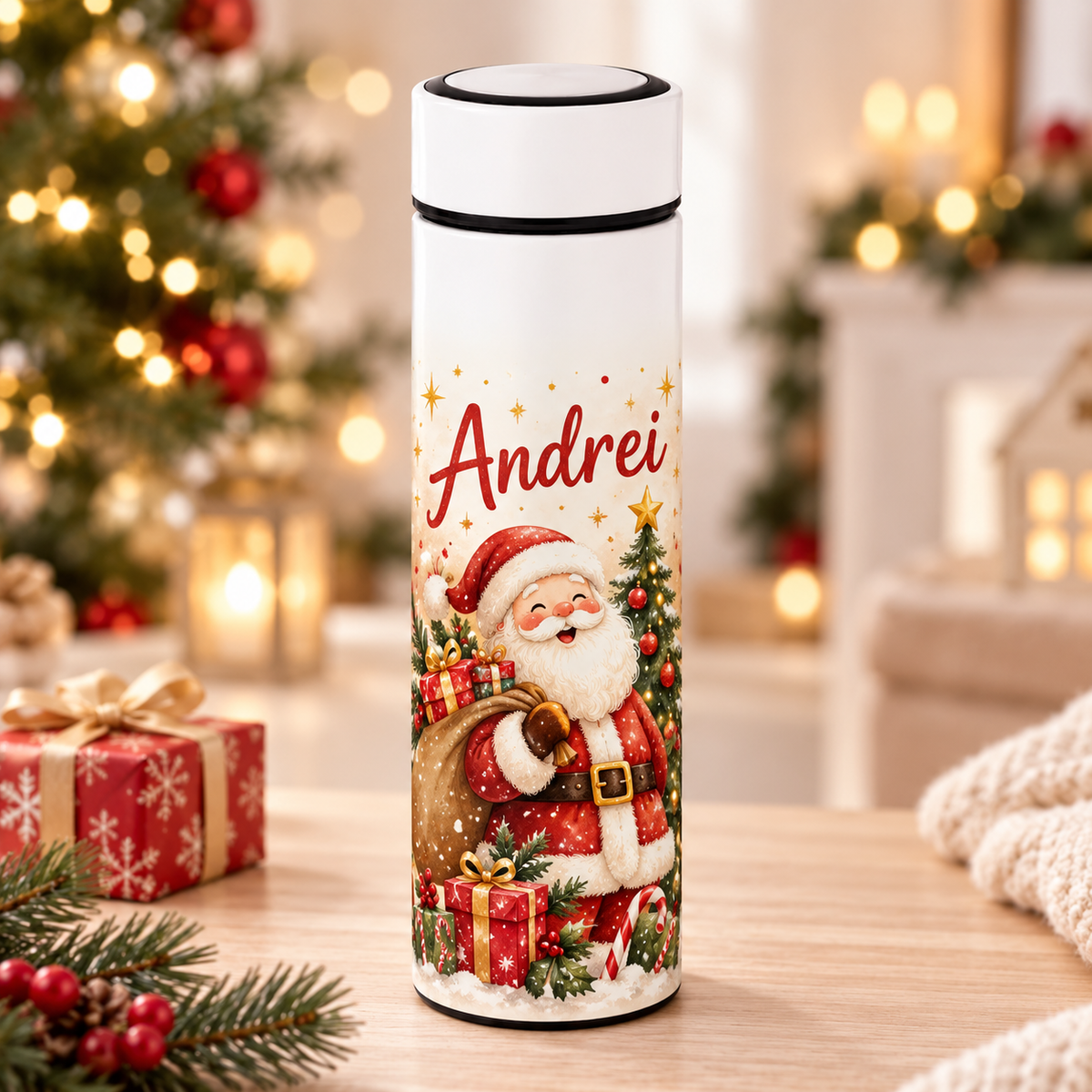 Termos Personalizat 500 ml cu Infuzor de Ceai și Nume – Moș Crăciun