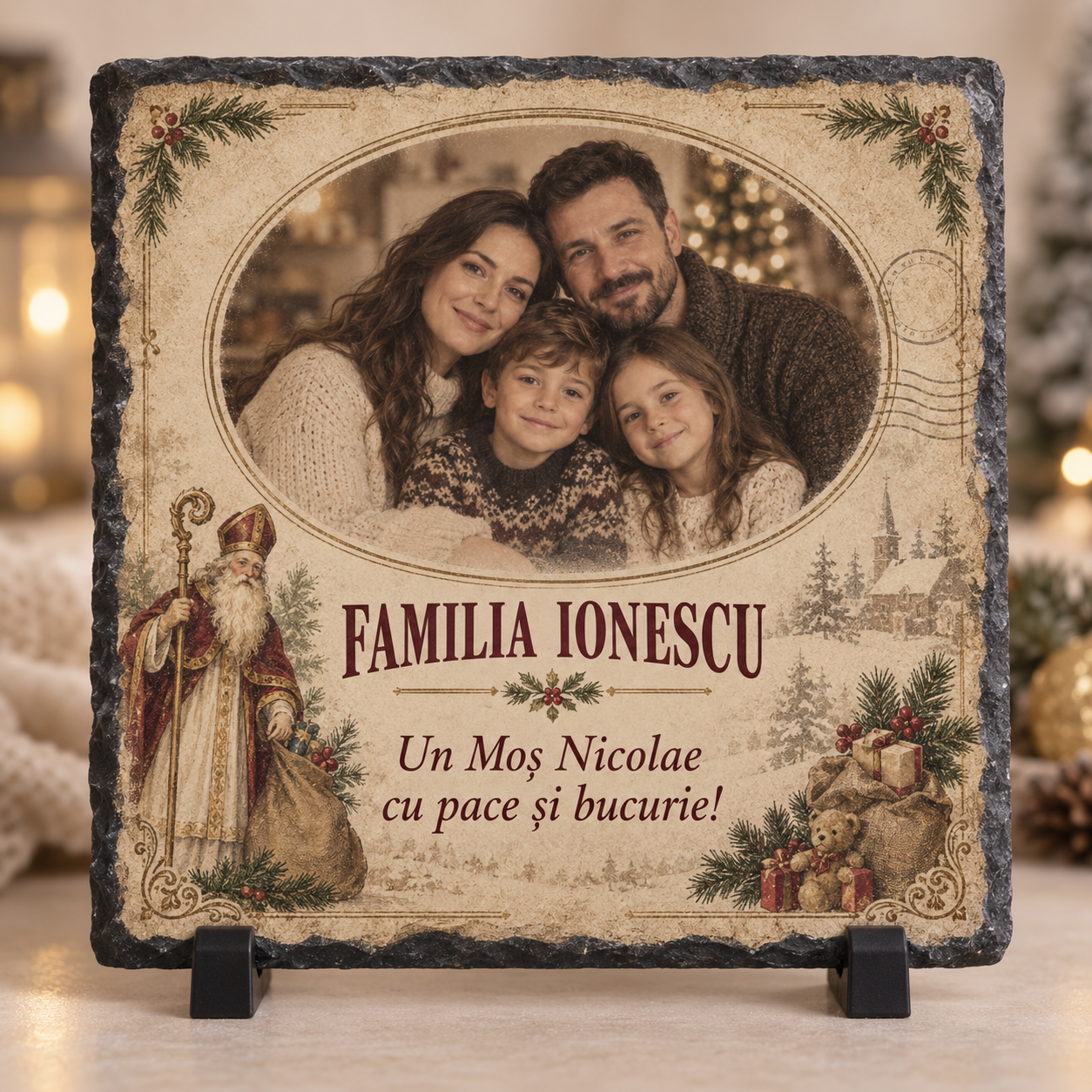 Placă Ardezie Personalizată 20×20 cm pentru Familie – Cadou de Moș Nicolae cu Poză și Numele Familiei