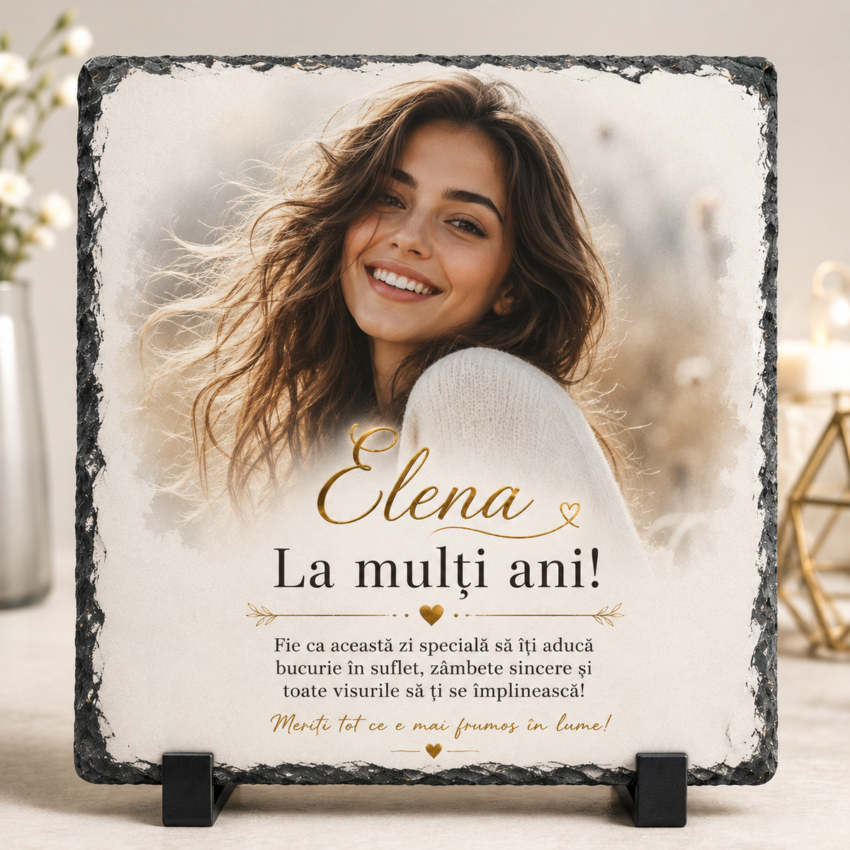 Placă din ardezie personalizată cu fotografie și mesaj „La mulți ani!” – cadou elegant și emoționant pentru femei
