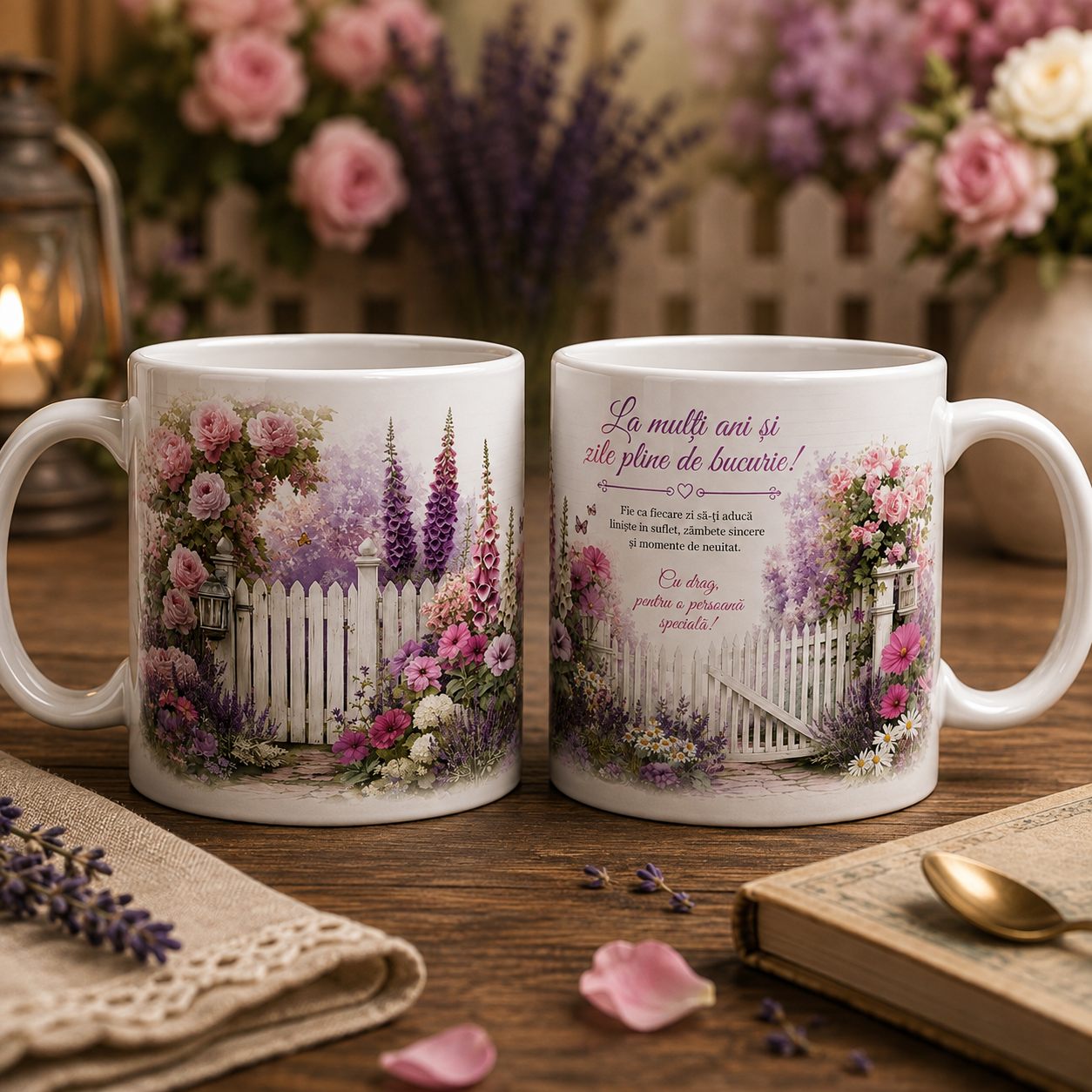 Cană aniversară cu trandafiri și mesaj La mulți ani, 330 ml, design romantic cu lavandă, margarete, gard și poartă albă