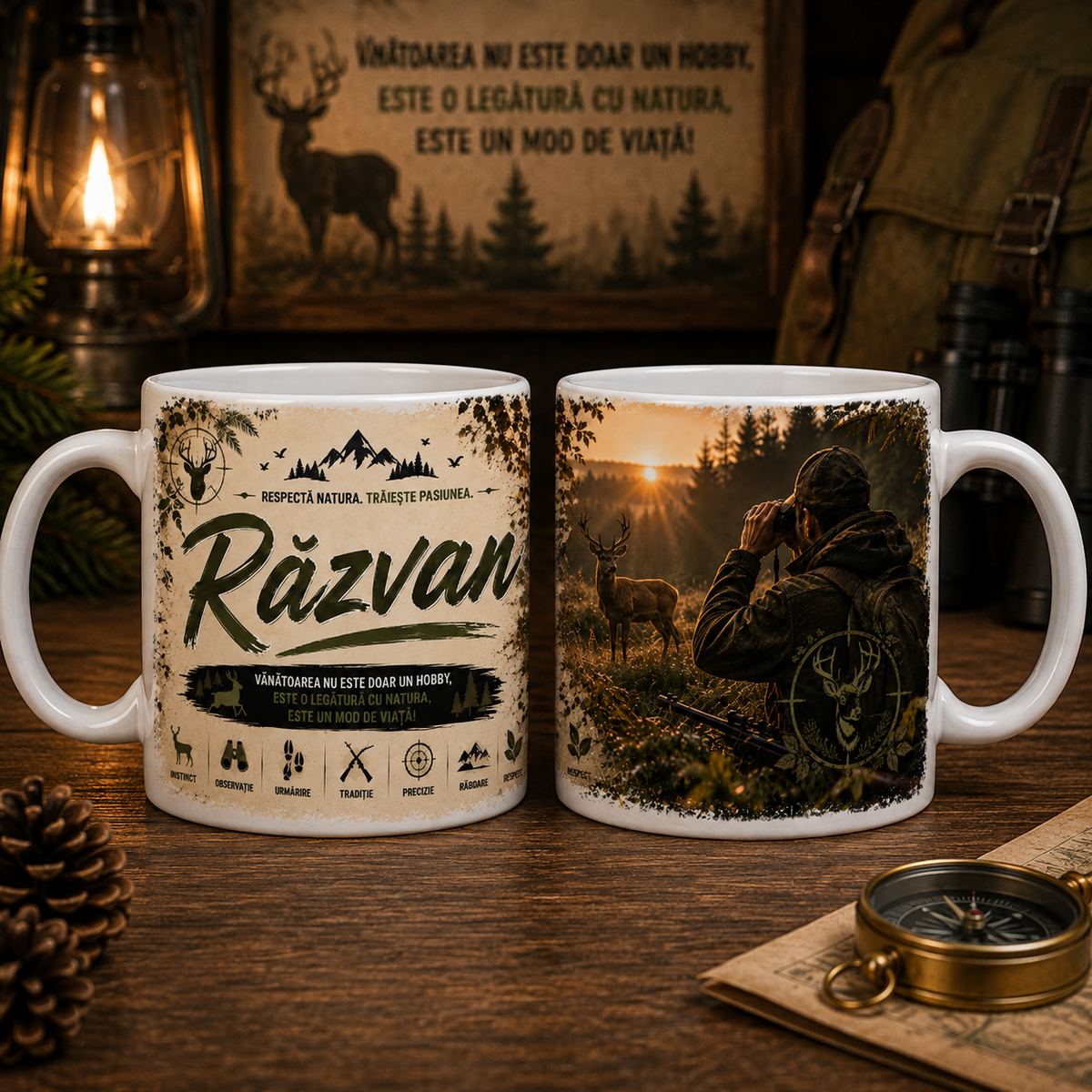 Cană personalizată pentru vânător cu numele Răzvan, 330 ml, design cu cerb, vânător, pădure și apus