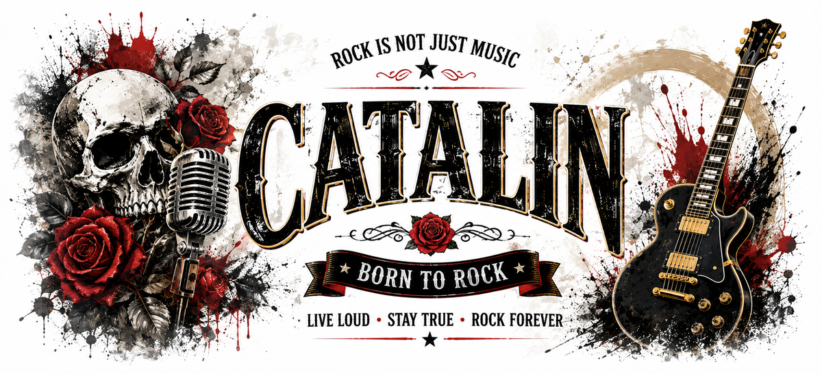 Cană Personalizată Rock cu Nume, Chitară și Craniu – 330 ml