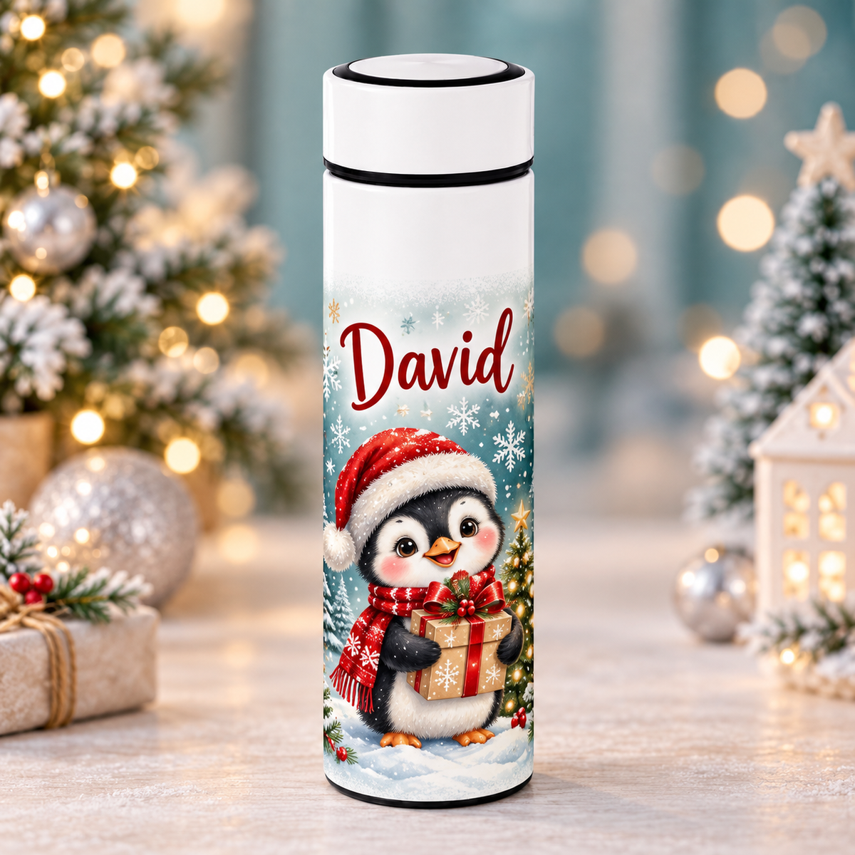 Termos Personalizat 500 ml cu Infuzor de Ceai și Nume – Pinguin de Crăciun