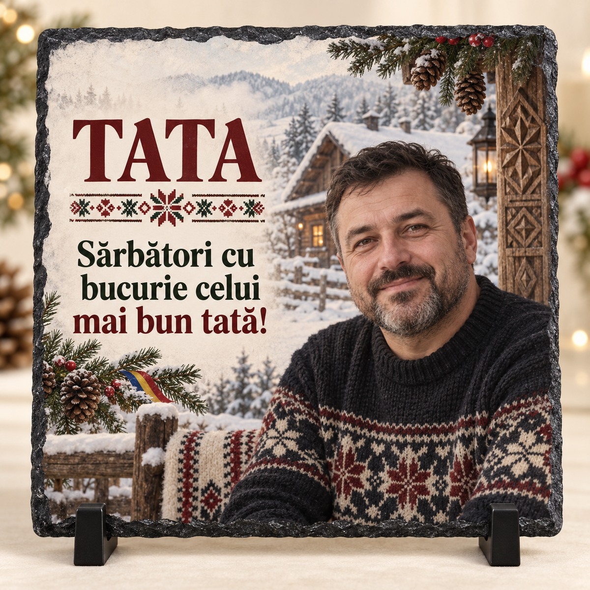 Placă Ardezie Personalizată 20×20 cm pentru Tată – Cadou de Crăciun cu Poză, Design Tradițional Românesc