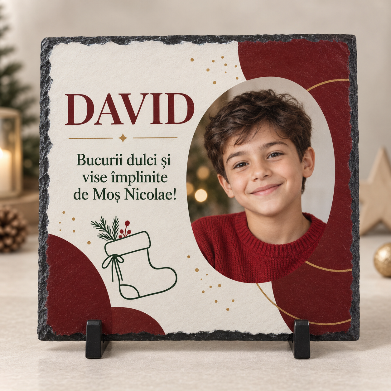 Placă Ardezie Personalizată 20×20 cm cu Poză și Nume – Cadou de Moș Nicolae pentru Copii