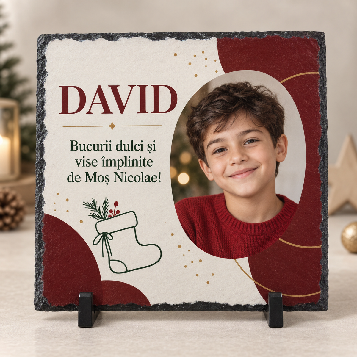 Placă Ardezie Personalizată 20×20 cm cu Poză și Nume – Cadou de Moș Nicolae pentru Copii