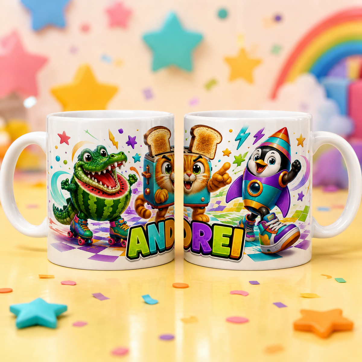 Cană personalizată pentru copii cu nume – personaje haioase colorate – 330 ml