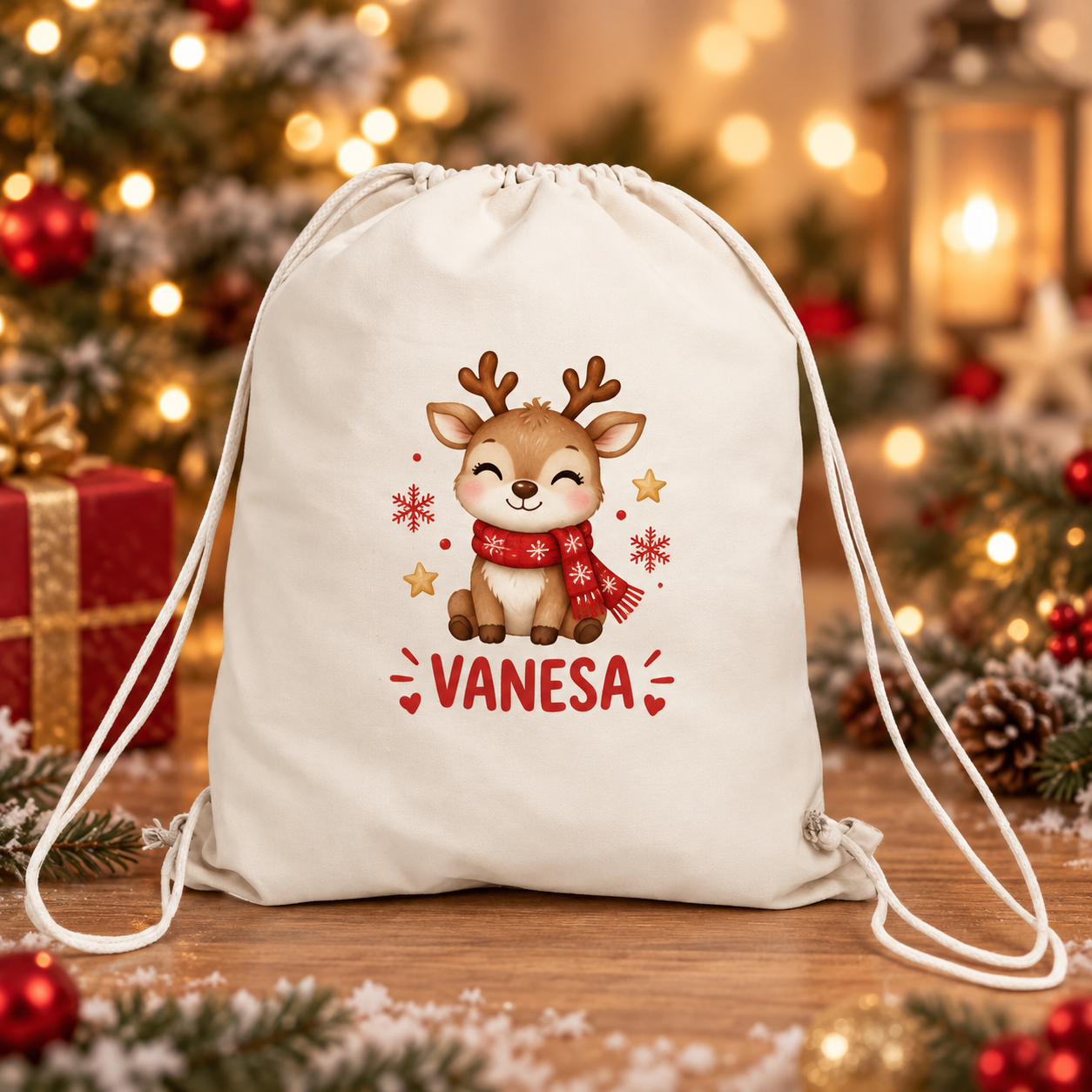 Sac sport personalizat pentru copii – Ren de Crăciun cu nume | Canvas 43 × 34 cm