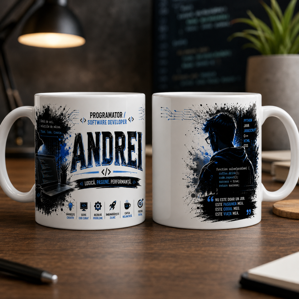 Cană personalizată pentru programator cu numele Andrei, 330 ml, design cu software developer, laptop și linii de cod