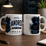 Cană personalizată pentru programator cu numele Andrei, 330 ml, design cu software developer, laptop și linii de cod