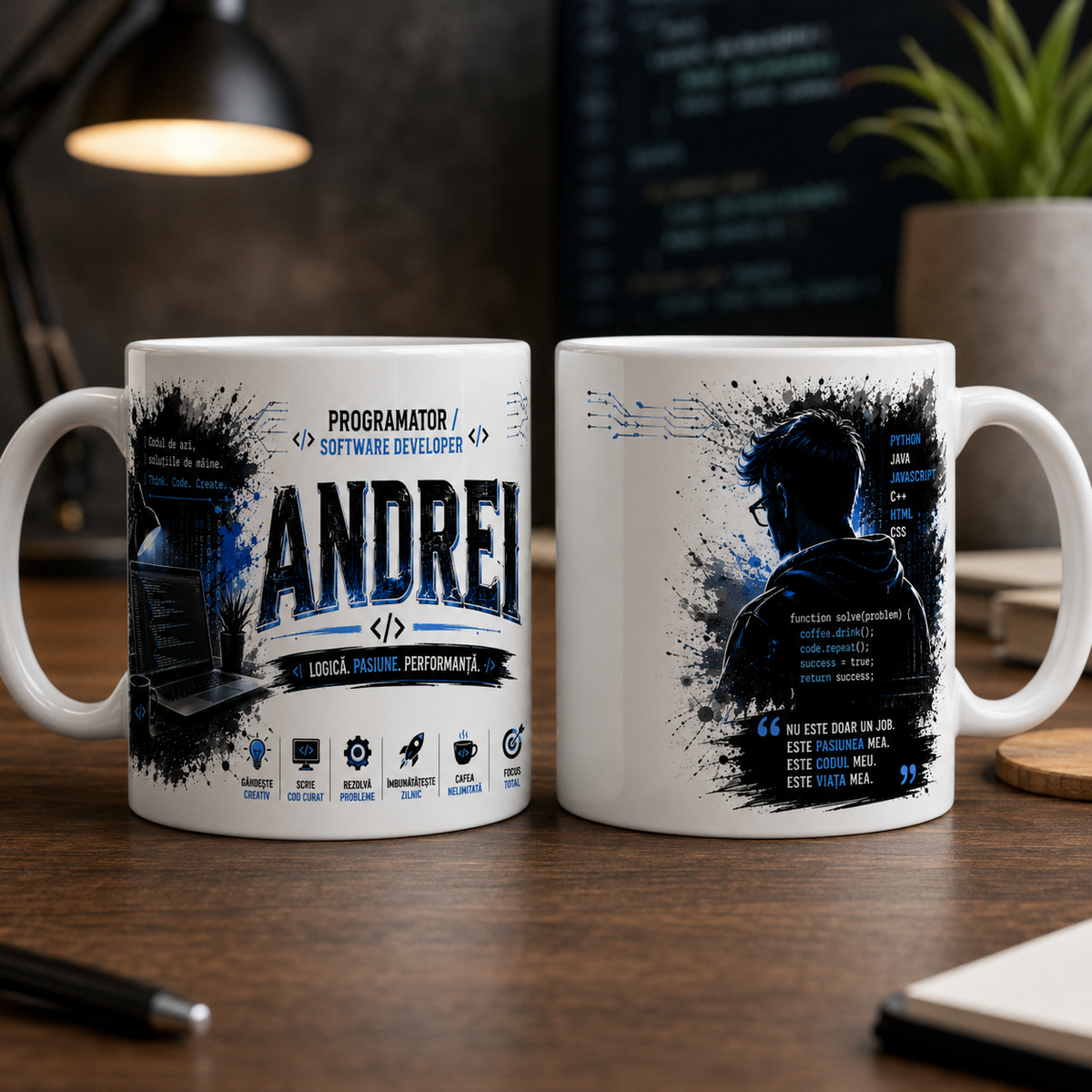 Cană personalizată pentru programator cu numele Andrei, 330 ml, design cu software developer, laptop și linii de cod