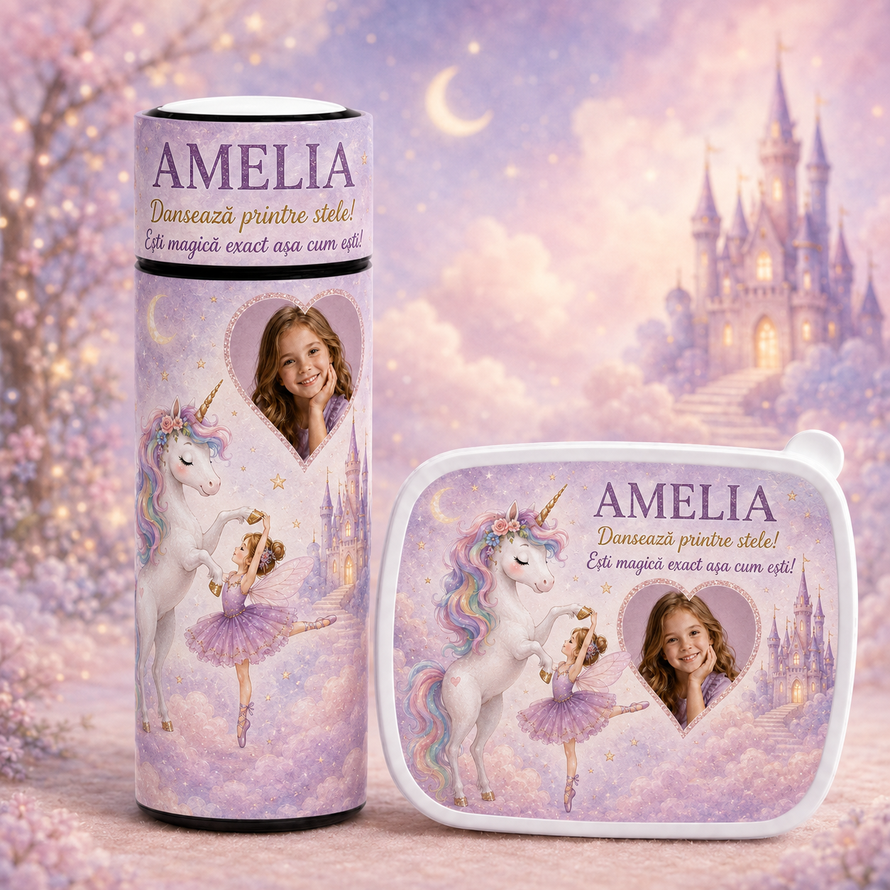 Set personalizat pentru fetițe – Lunchbox + Termos 500 ml „Unicorn & Balerină”