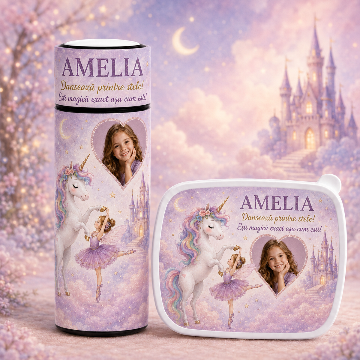 Set personalizat pentru fetițe – Lunchbox + Termos 500 ml „Unicorn & Balerină”
