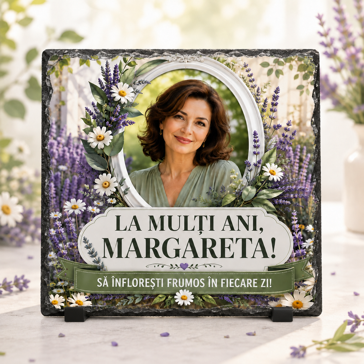 Placă de ardezie personalizată 20×20 cm cu poză – „La mulți ani!” | Cadou aniversar floral pentru femei