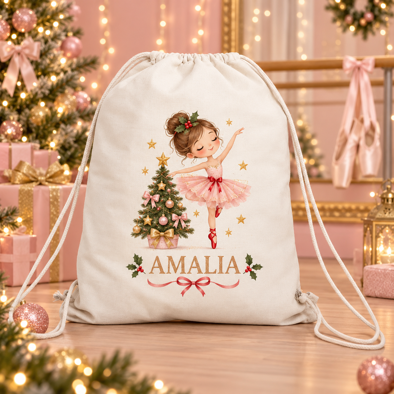 Sac sport personalizat pentru fetițe – Balerină de Crăciun cu nume | Canvas 43 × 34 cm