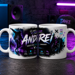 Cană personalizată pentru dansator cu numele Andrei, 330 ml, design hip-hop și street dance cu boxe și culori neon
