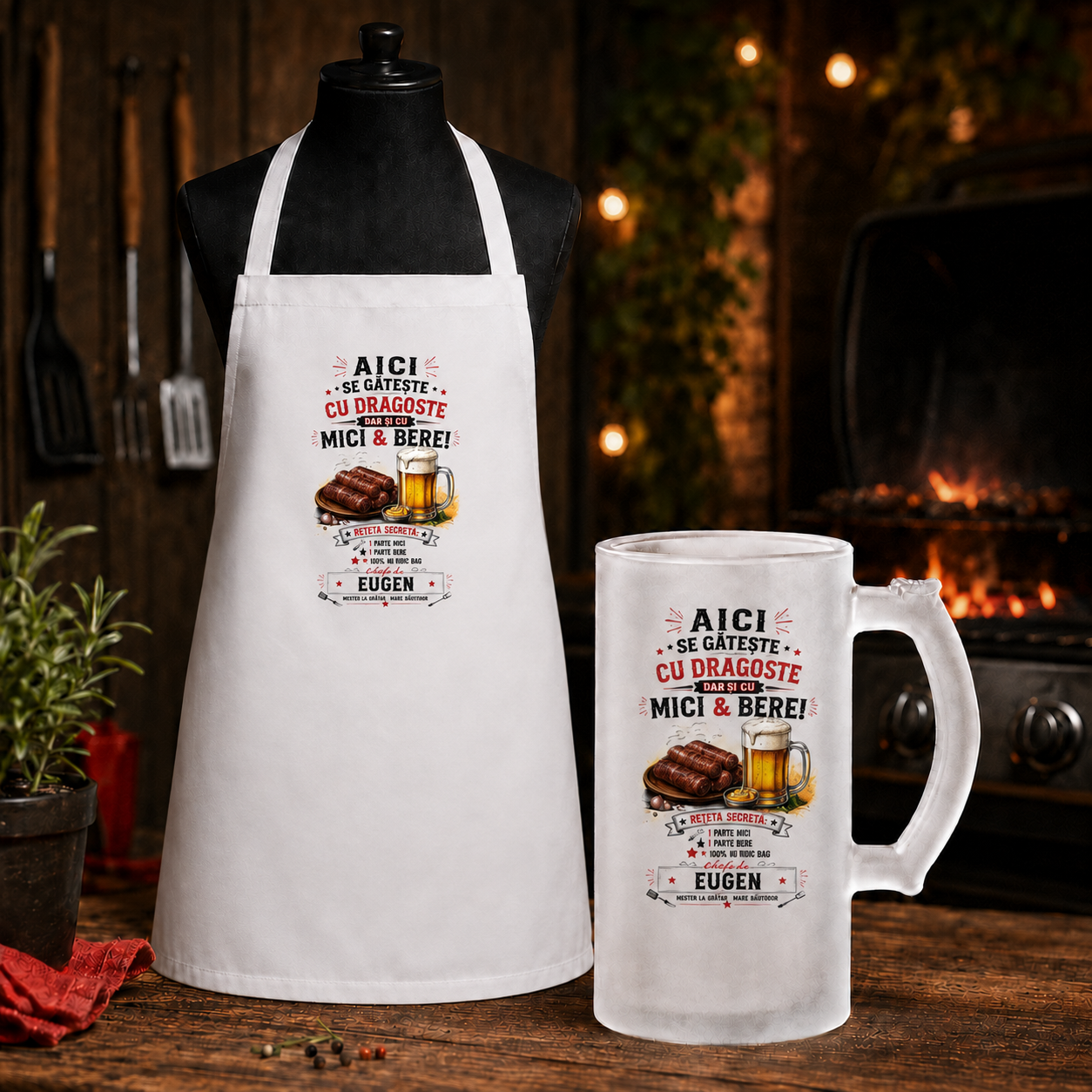 Set cadou personalizat „Mici si Bere” – șorț pentru grătar și halbă de bere 500 ml