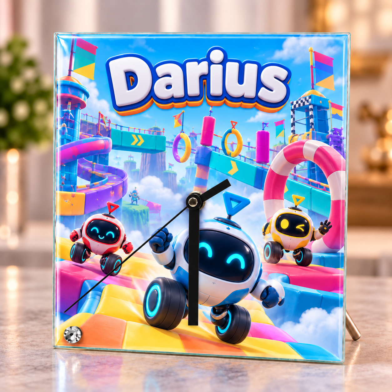 Ceas de birou personalizat pentru băieți din sticlă 20×20 cm – Roboți, Curse și Obstacole cu Nume
