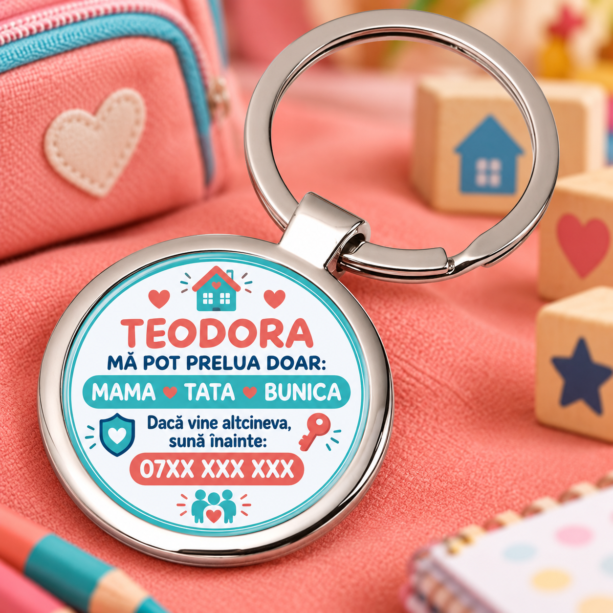 Breloc rotund personalizat pentru copii – siguranță la grădiniță și școală