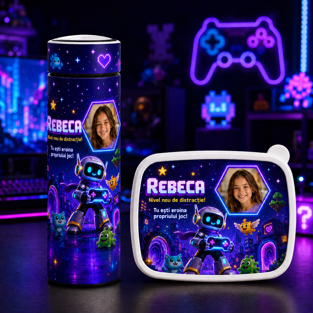 Set personalizat copii – Lunchbox + Termos 500 ml „Nivel Nou de Distracție”