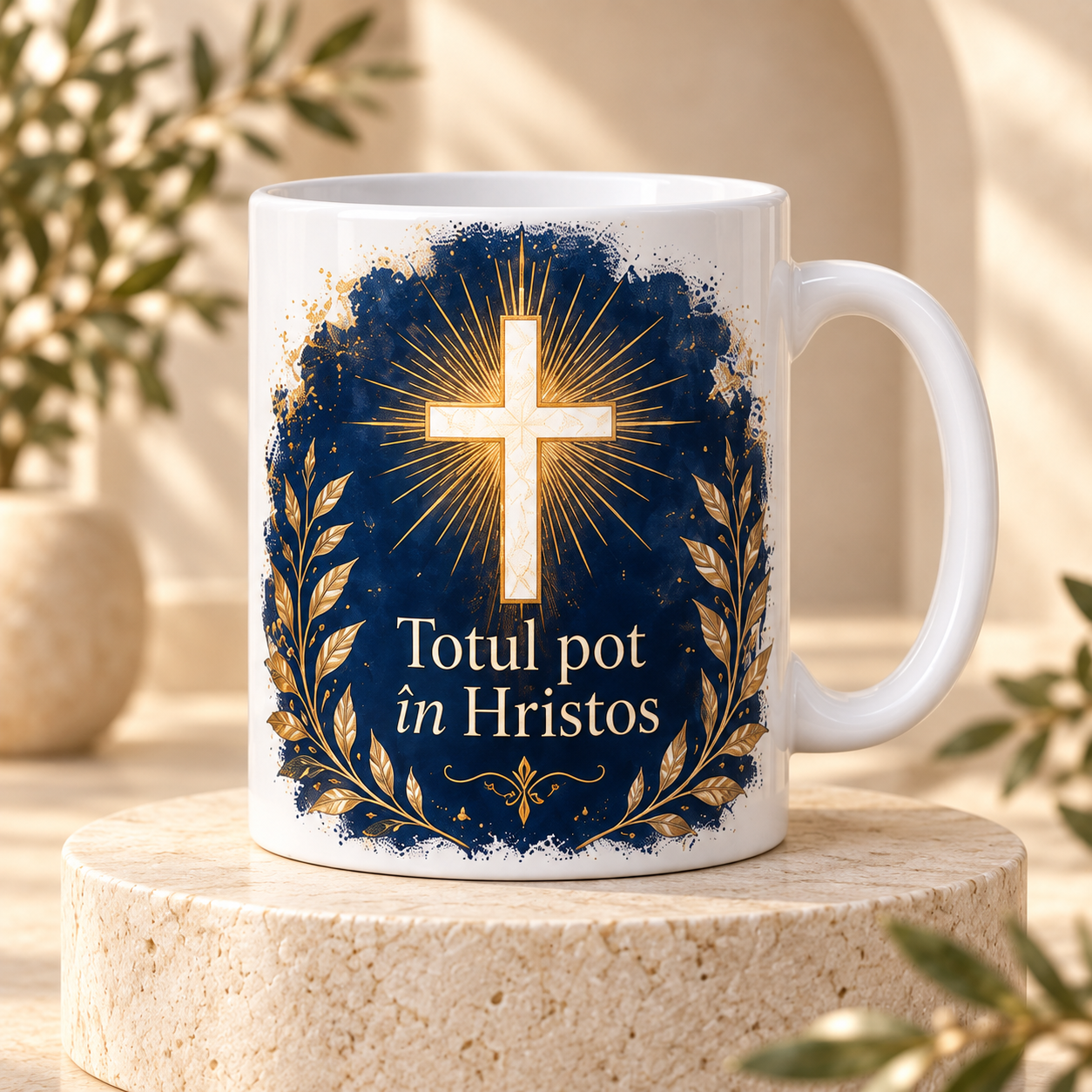 Cană religioasă 330 ml „Totul pot în Hristos” – cadou creștin cu cruce