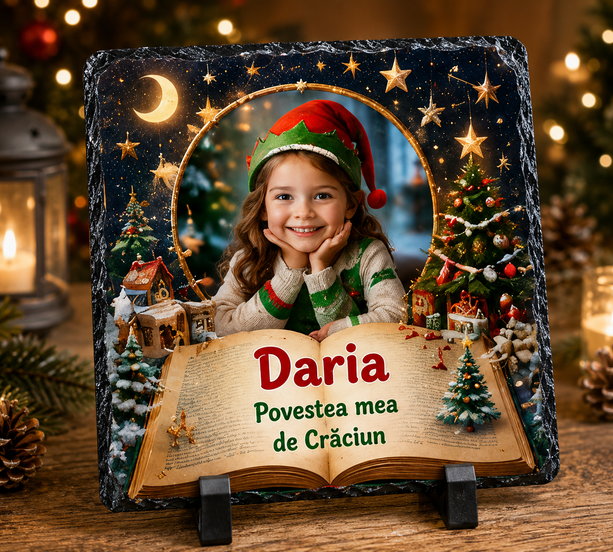 Piatră Ardezie Personalizată de Crăciun pentru Copii 20x20 cm cu Poză și Nume – „Povestea Mea de Crăciun”