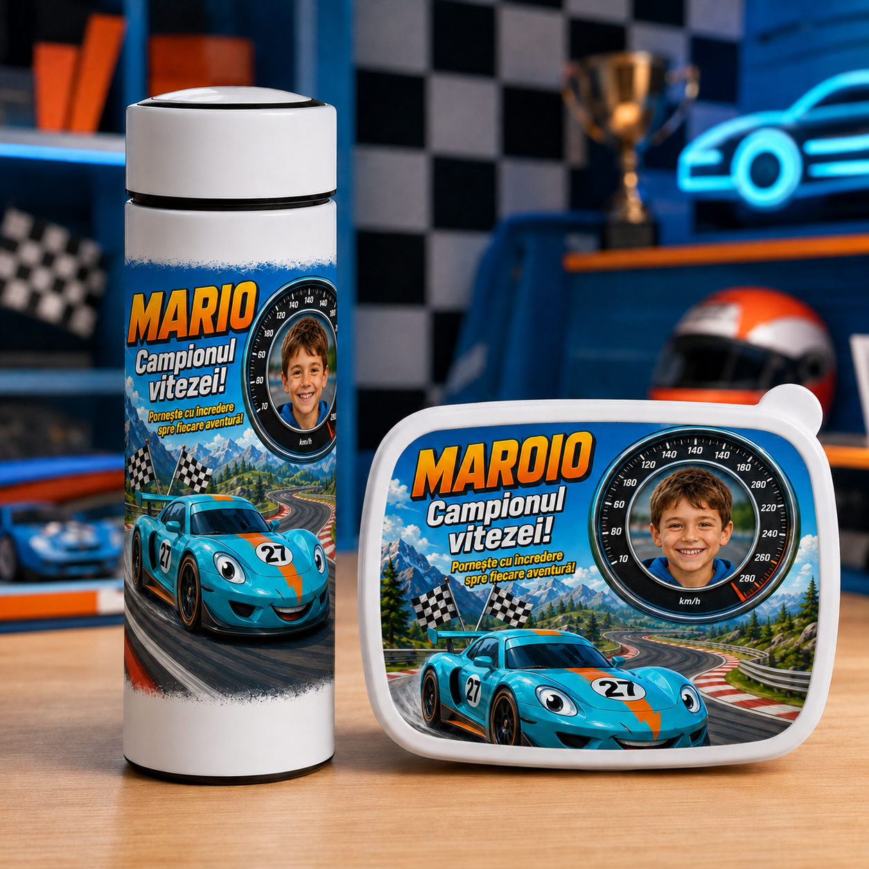 Set personalizat copii – Lunchbox + Termos 500 ml cu infuzor | Campionul vitezei