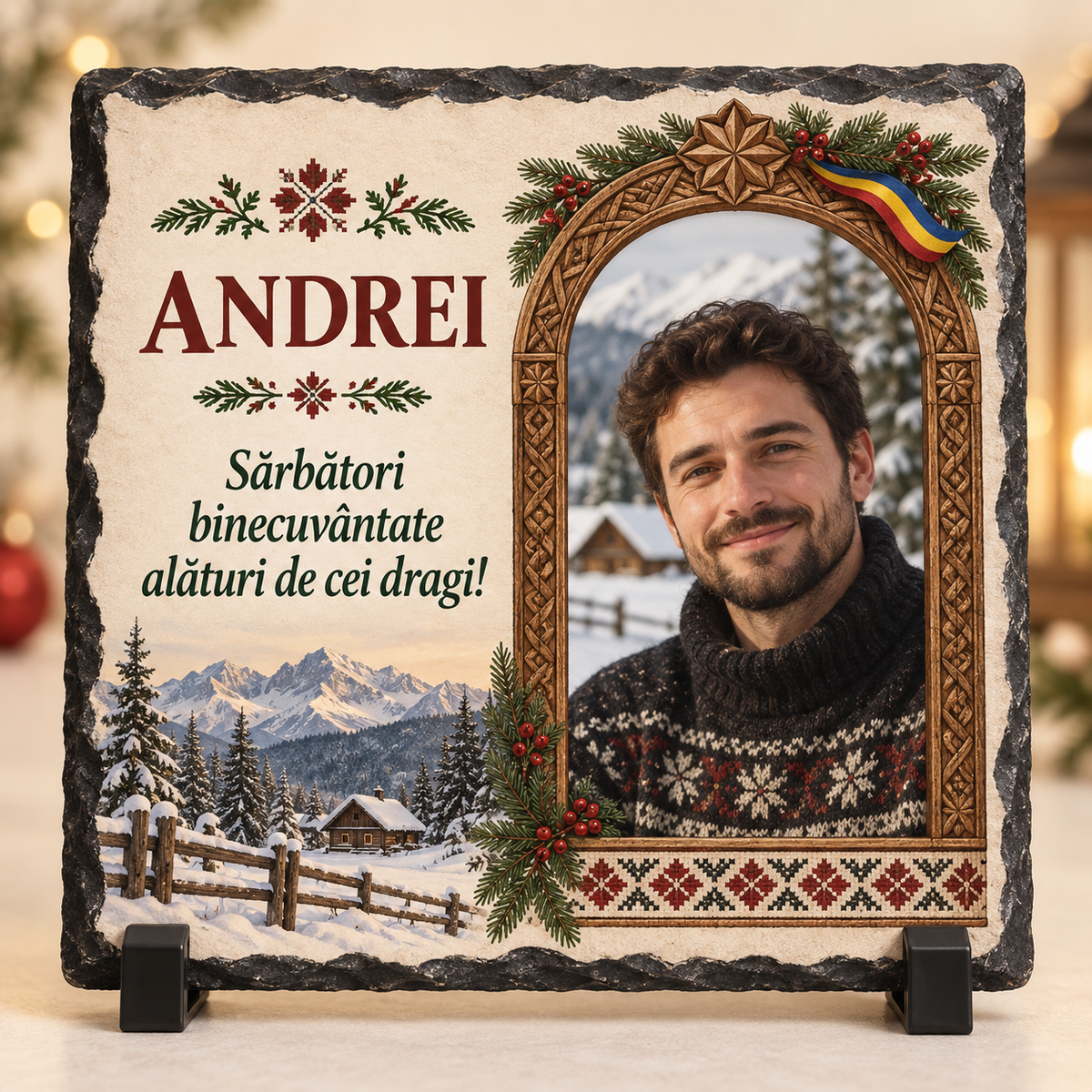 Placă Ardezie Personalizată 20×20 cm cu Poză și Nume – Cadou de Crăciun Tradițional Românesc