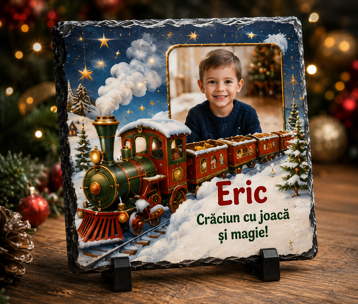 Piatră Ardezie Personalizată de Crăciun pentru Băiat 20x20 cm cu Poză și Nume – Trenul Magic de Crăciun