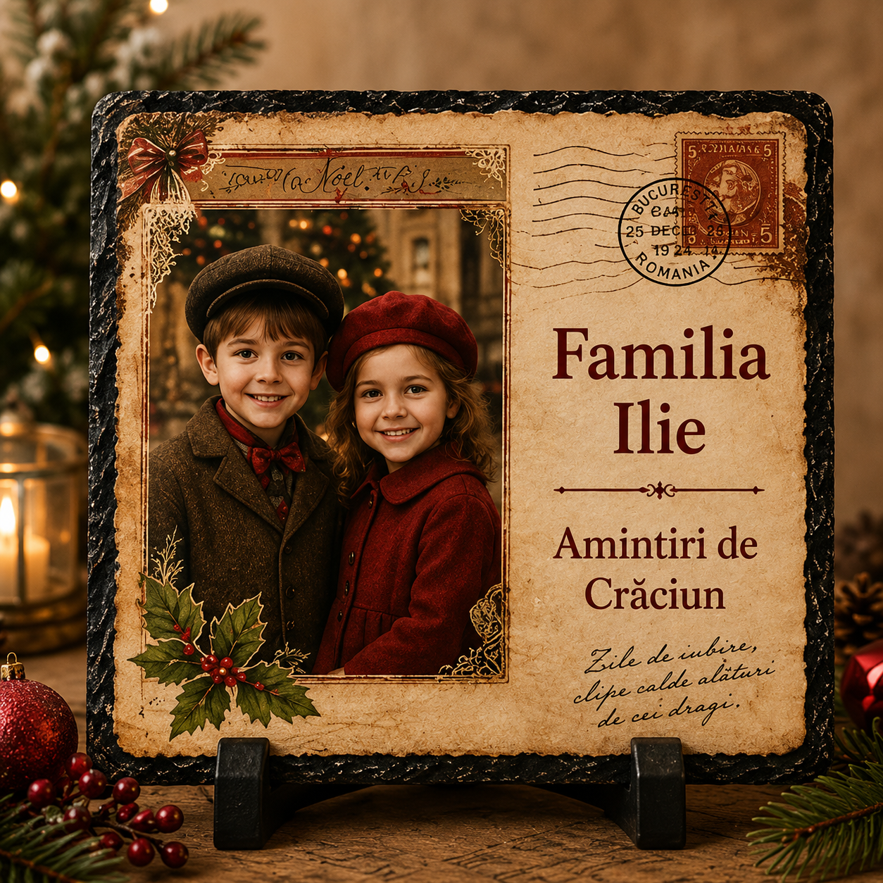 Piatră Ardezie Personalizată de Crăciun 20x20 cm cu Poză și Numele Familiei – Stil Vintage „Amintiri de Crăciun”