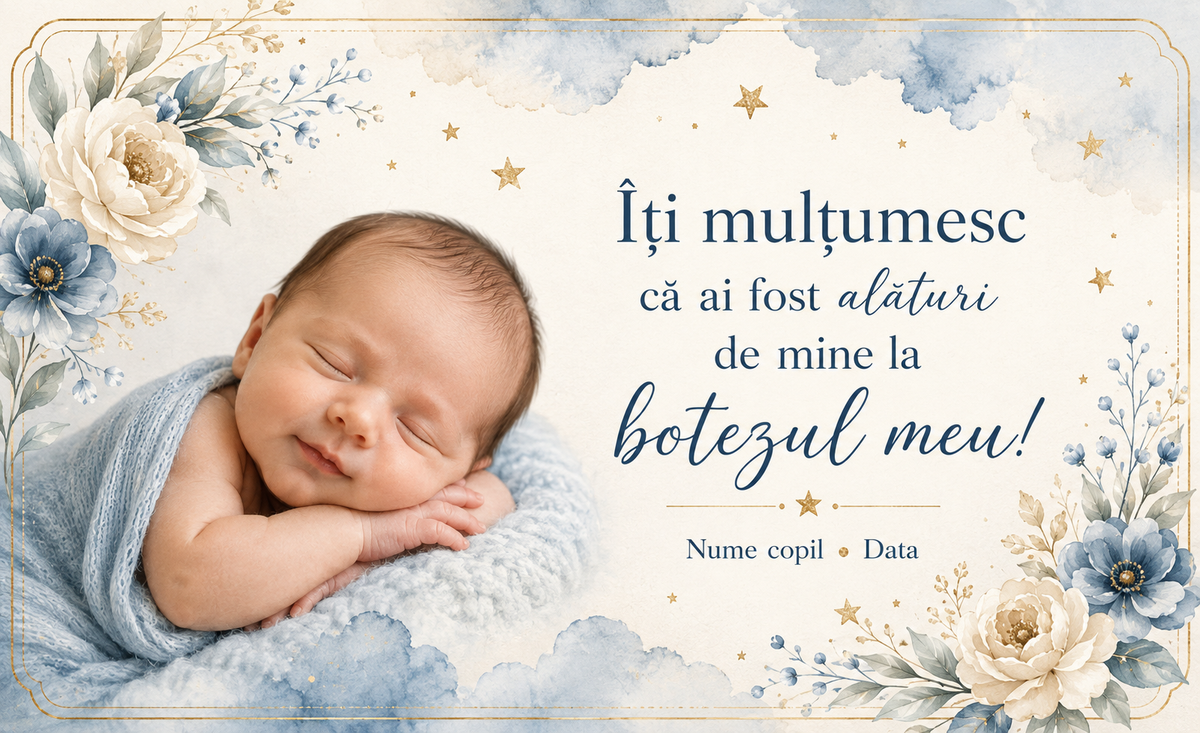 Mărturie de botez personalizată – Magnet de frigider 9 × 5,5 cm cu fotografie, flori albastre și mesaj de mulțumire
