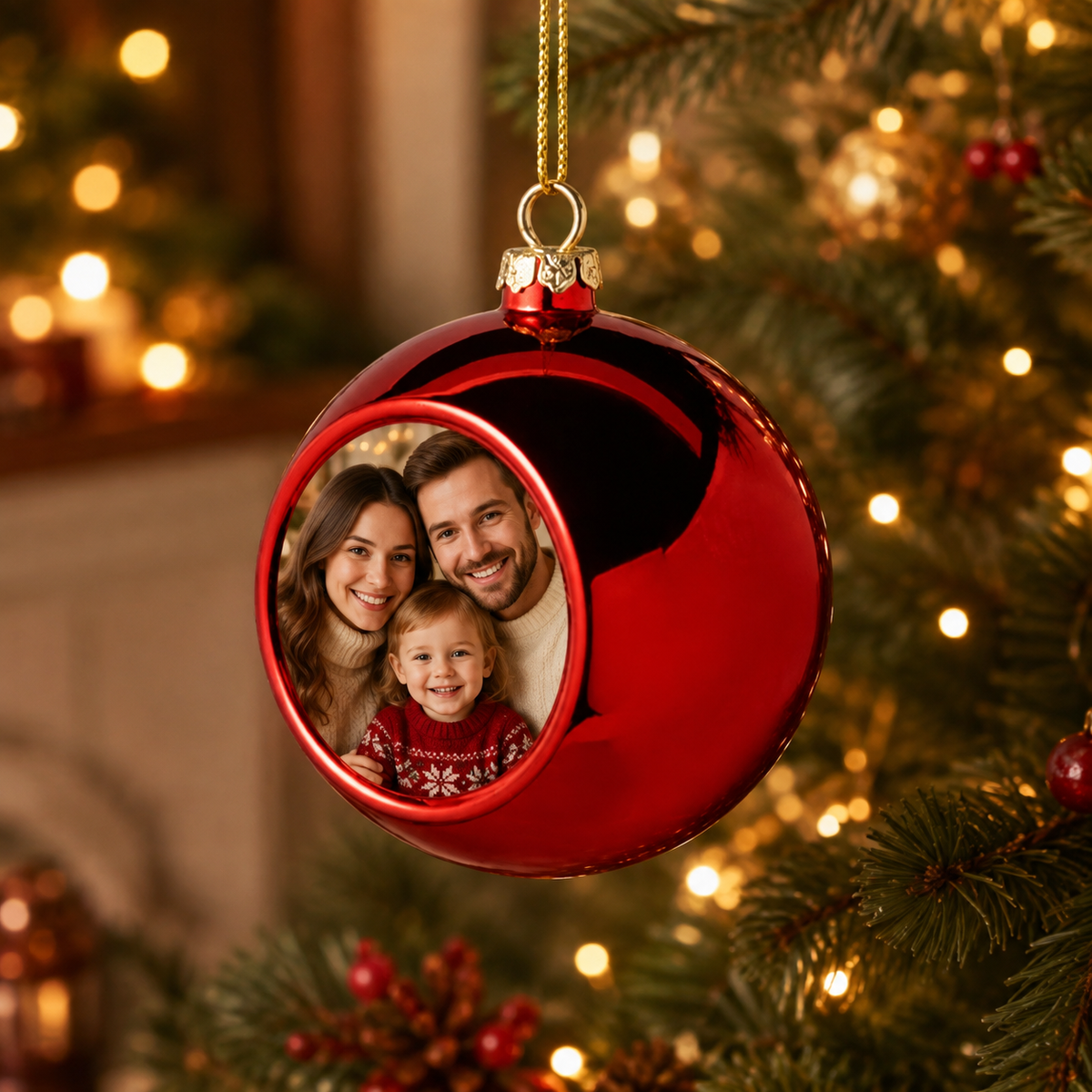 glob de Crăciun personalizat cu fotografie de familie roșu diametru 8 cm