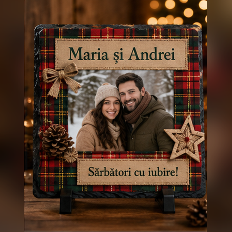 Piatră Ardezie Personalizată de Crăciun 20x20 cm cu Poză și Nume – Cadou pentru Cuplu, Familie sau Persoane Dragi