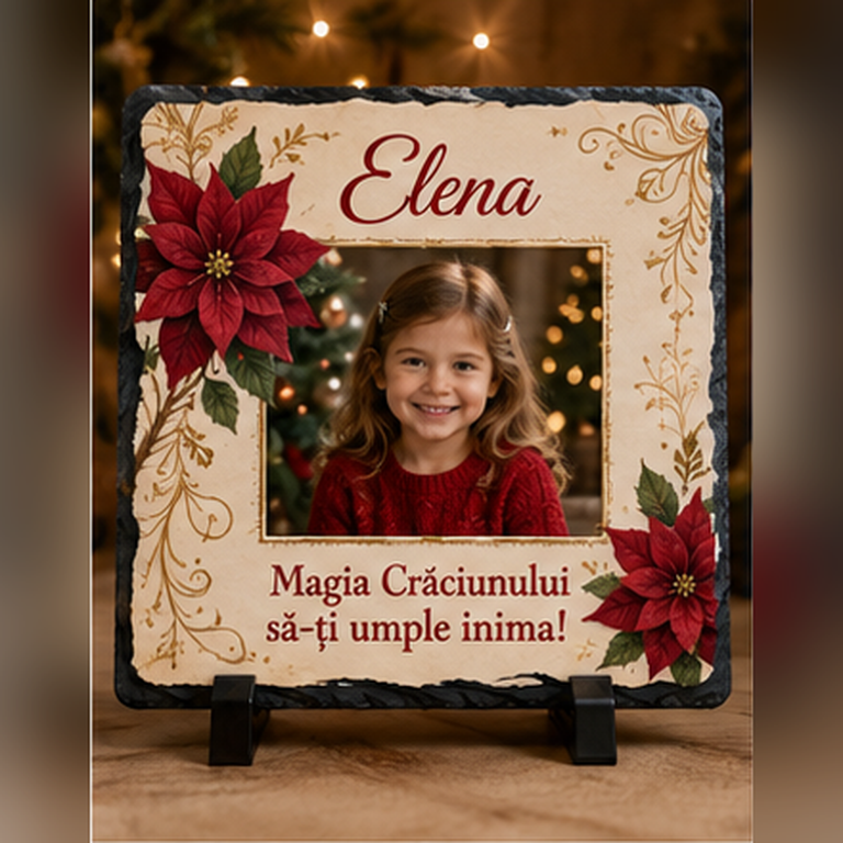 Piatră Ardezie Personalizată de Crăciun 20x20 cm cu Poză și Nume – Cadou pentru Copii și Familie