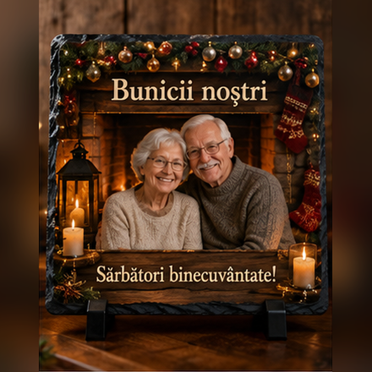 Piatră Ardezie Personalizată de Crăciun pentru Bunici 20x20 cm cu Poză – Cadou „Bunicii Noștri”