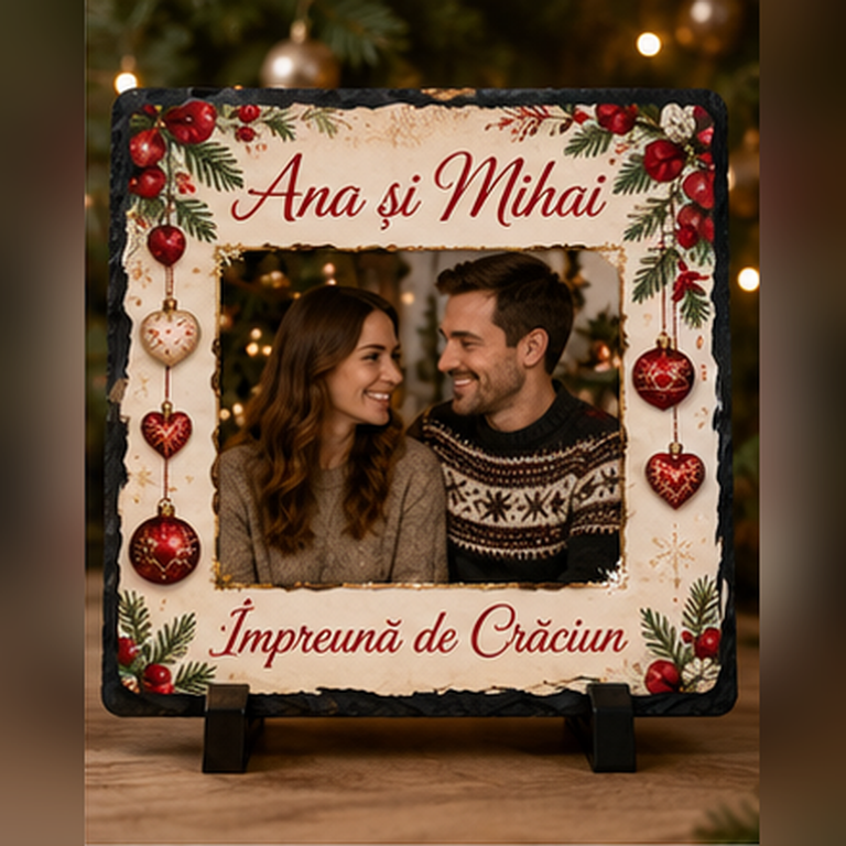 Piatră Ardezie Personalizată de Crăciun 20x20 cm cu Poză și Nume – Cadou pentru Cuplu