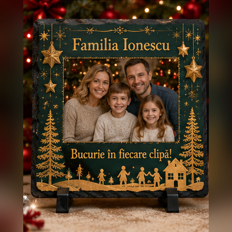 Piatră Ardezie Personalizată de Crăciun pentru Familie 20x20 cm cu Poză și Nume – Cadou de Familie