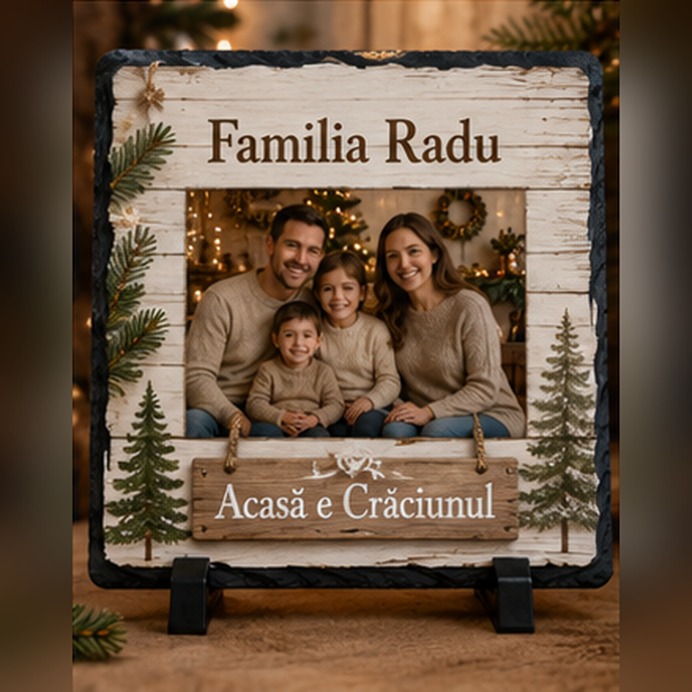 Piatră Ardezie Personalizată de Crăciun pentru Familie 20x20 cm cu Poză și Nume – „Acasă e Crăciunul”