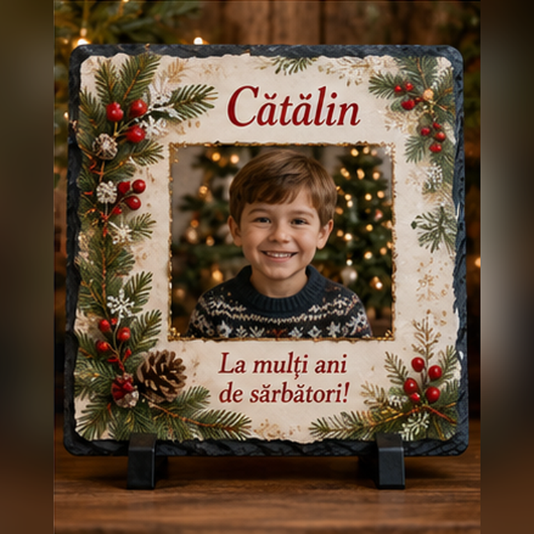Piatră Ardezie Personalizată de Crăciun pentru Copii 20x20 cm cu Poză și Nume – Cadou de Sărbători