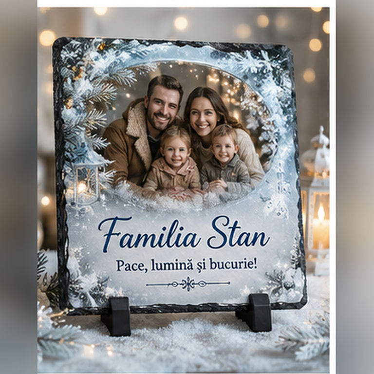 Piatră Ardezie Personalizată de Crăciun pentru Familie 20x20 cm cu Poză și Nume – „Pace, Lumină și Bucurie”