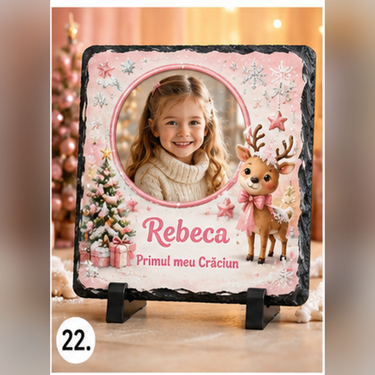 Piatră Ardezie Personalizată Primul Crăciun 20x20 cm cu Poză și Nume – Cadou pentru Fetiță